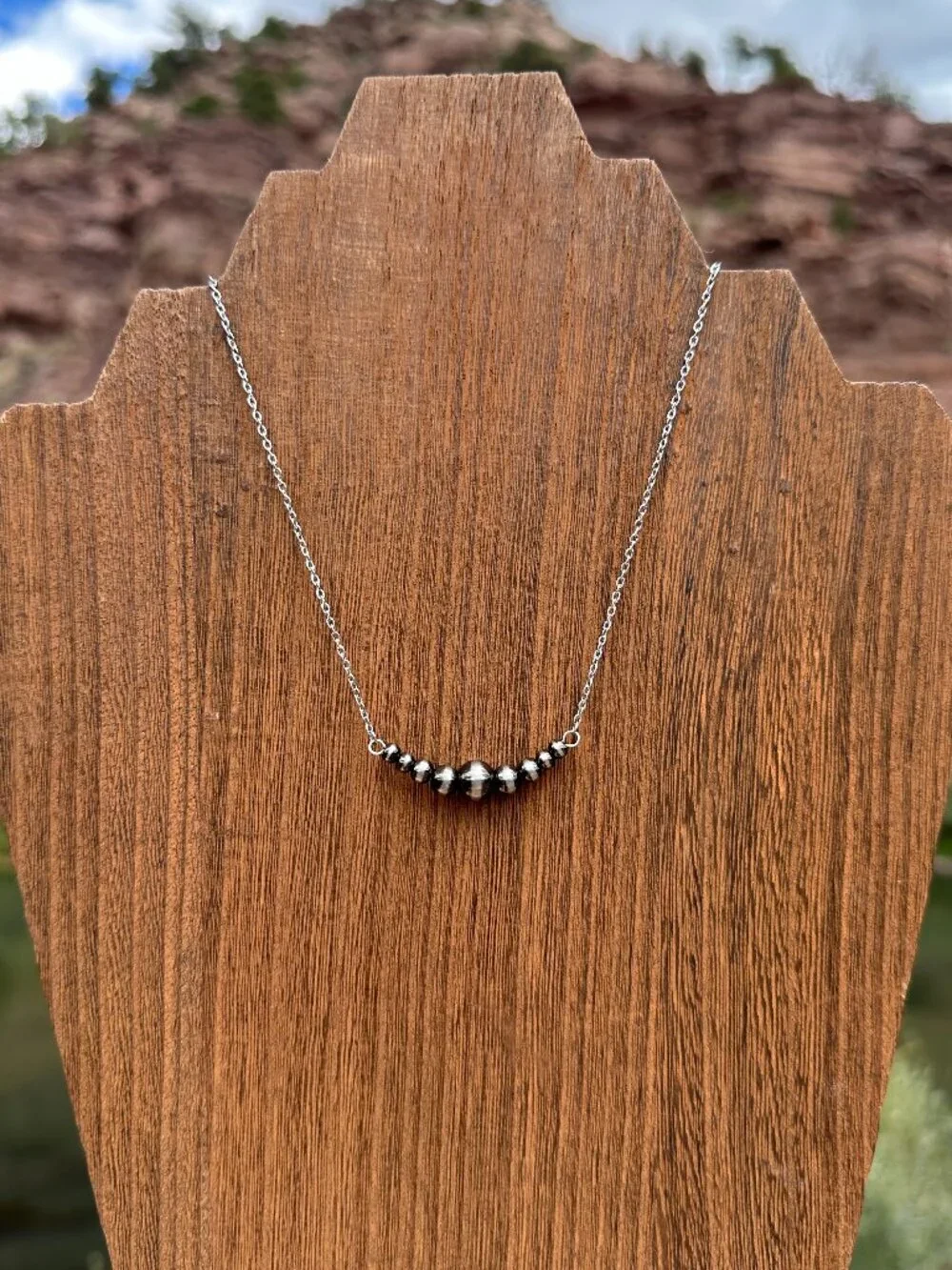 Handmade Brushed Steel Western Pearl 1.5 inch Graduated Bar Necklace 16 inch